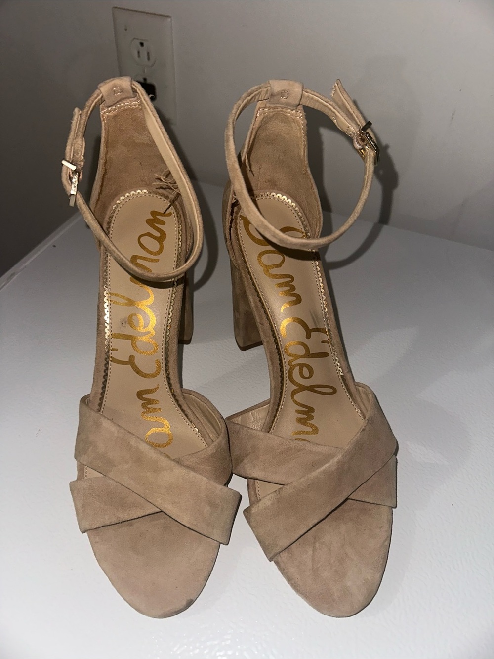 Sam Edelman Tan Suede Ankle-Strap Block Heel Sandals